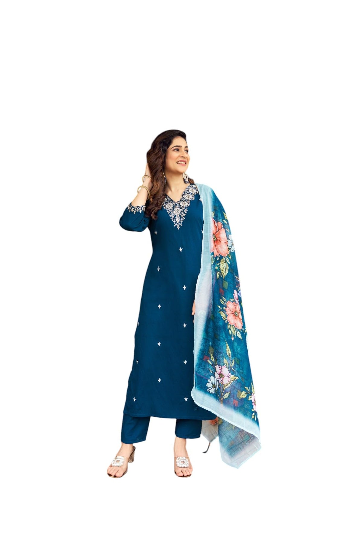 Rieka Women Embroidered Kurta Set With Floral Printed Dupatta & Straight Pant | Ethnic Wear Set For Women | Silk Blend Kurta Set