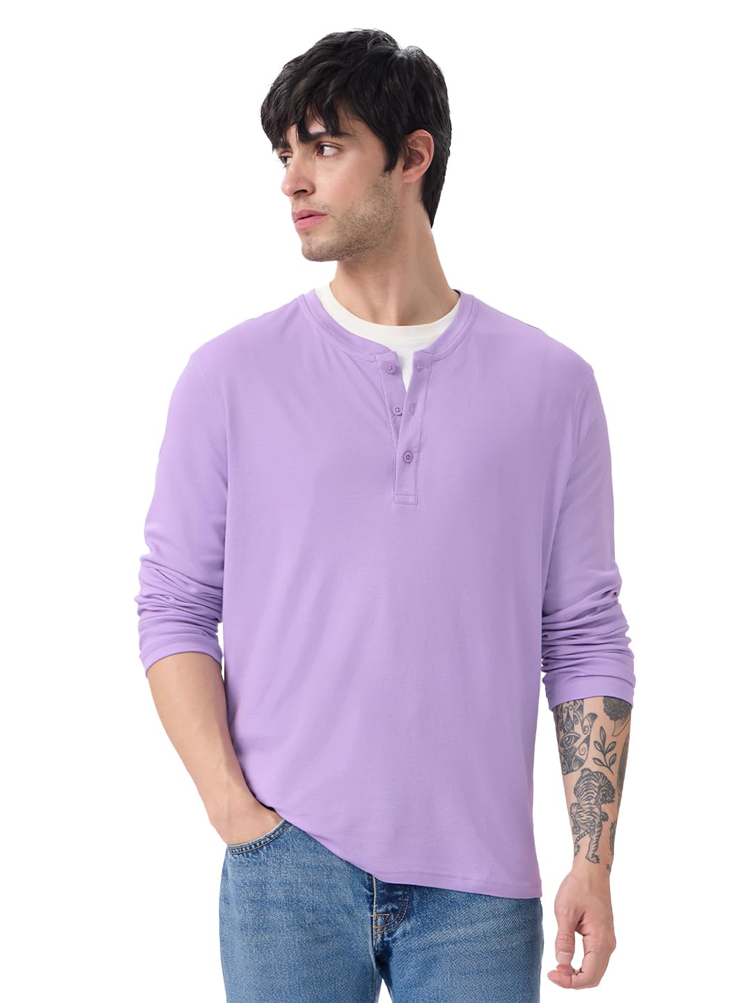 The Souled Store Solids: Light Lavender Long Sleeve Regular Fit Cotton Men and BoysSupima Full Sleeve Henley T-Shirts