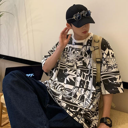 Thalasi Comic All Over Printed Green Anime Oversized T Shirts For Men - Drop Shoulder Loose Fit Cotton T-Shirt - Trending Naruto