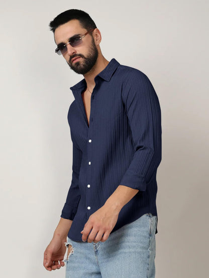 Finivo Fashion MenS Casual Cotton Plain Button Down Shirts Long Sleeve Textured Summer Beach Shirt For Men Navy