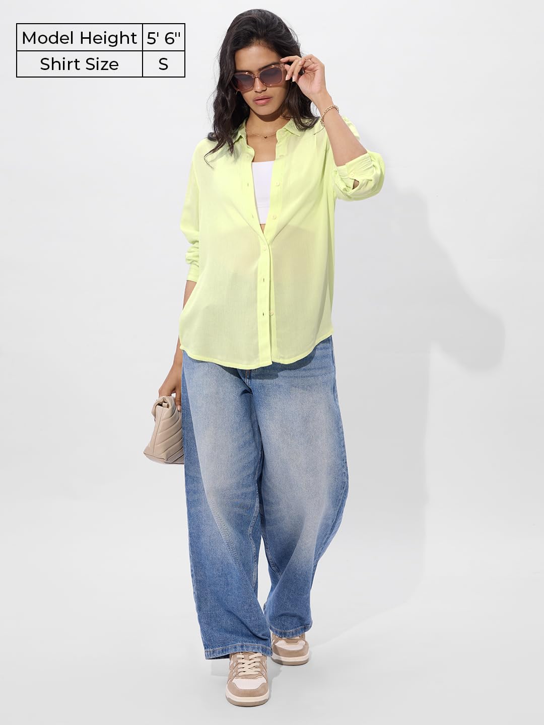 The Souled Store Textured Shirt: Light Lime Women and Girls Long Sleeve Collared Neck Button Down Boyfriend Shirts Womens Shirts