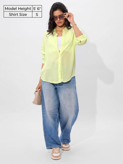 The Souled Store Textured Shirt: Light Lime Women and Girls Long Sleeve Collared Neck Button Down Boyfriend Shirts Womens Shirts