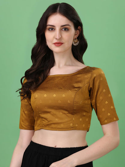 Oomph! WomenS Indian Ethnic Wear Designer Leaf Pattern Boat Neck Half Sleeve Brocade Brown Blouse For Saree Or Lehnga And Blous