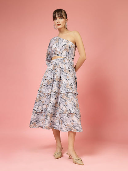 Oomph! WomenS Western & Fusion Wear Printed Crepe Dress For Women, One Shoulder, Brown - Md1070