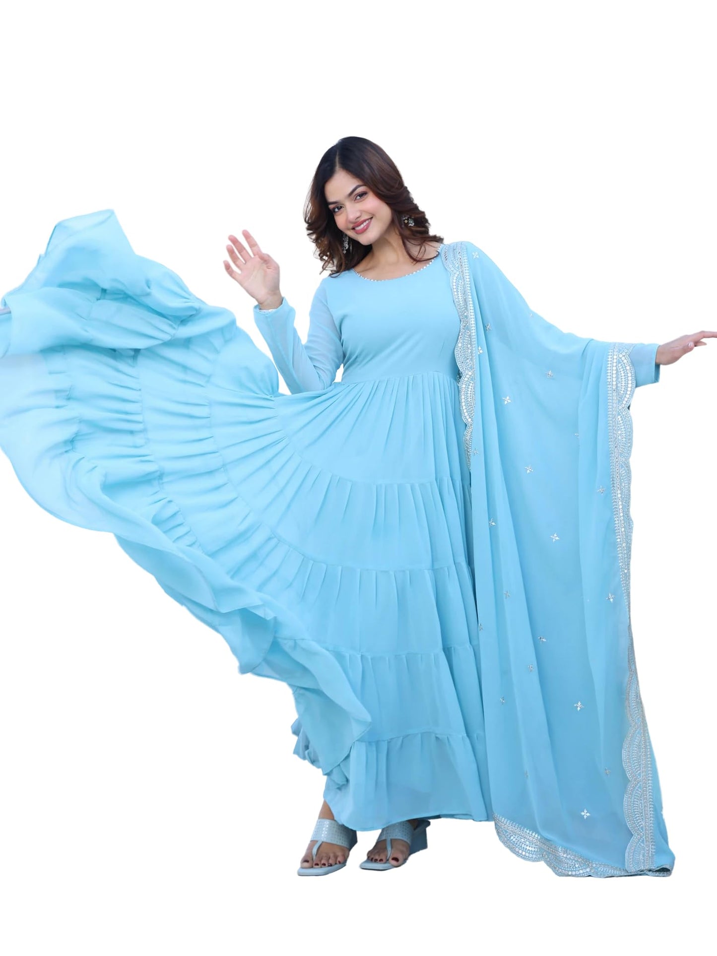 Fashion Basket WomenS Georgette Solid Anarkali Dress Sky Blue