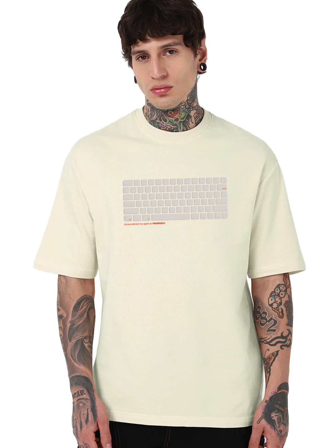 Bewakoof Heavy Duty 1.0 Mens Graphic Printed Oversized Fit Half Sleeve Round Neck Terry T-Shirt_687480_Beige_M