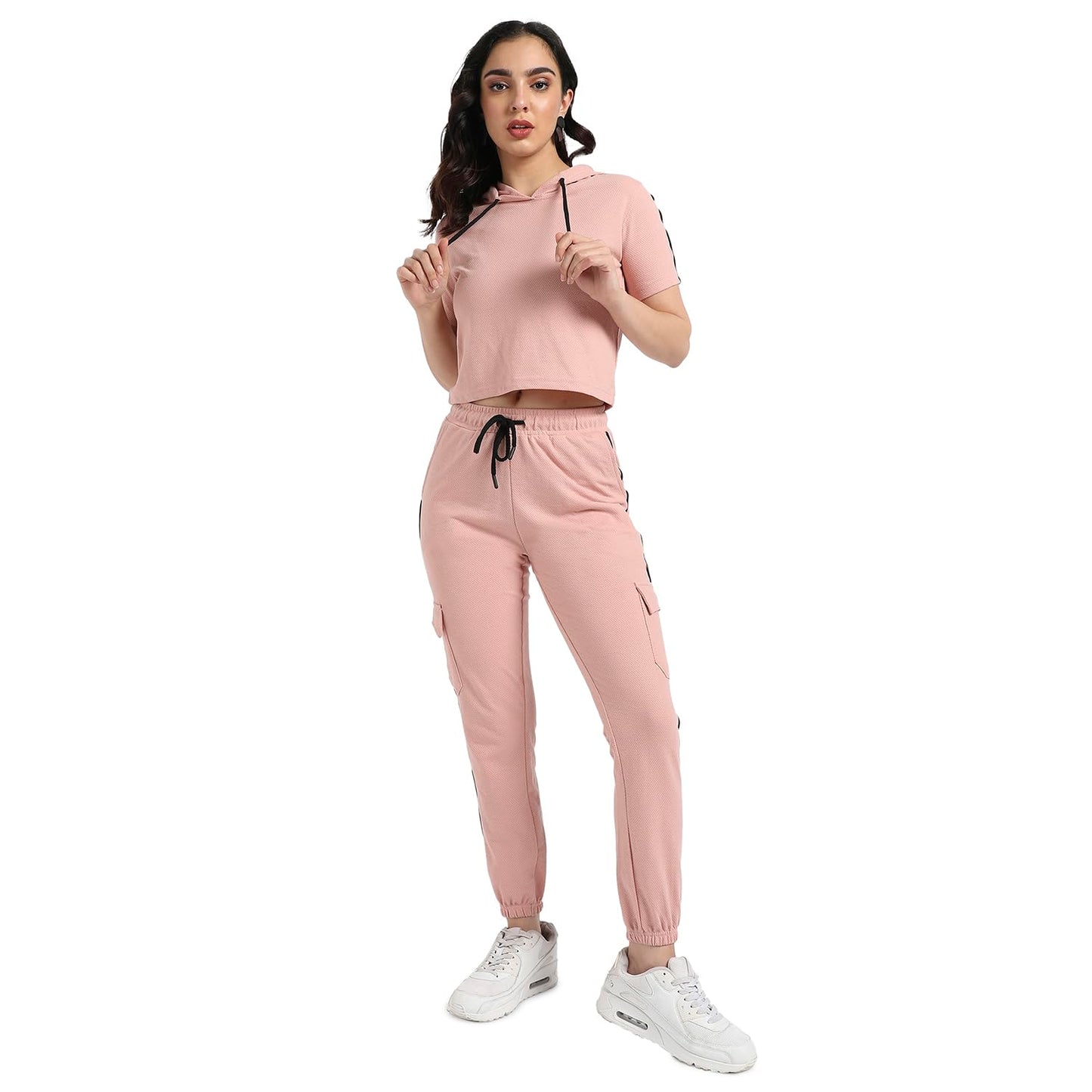 Campus Sutra Womens Peach Hooded Co-Ord Set with Contrast Piping for Casual Wear | Hooded Neck | Short Sleeve | Drawstring Clos