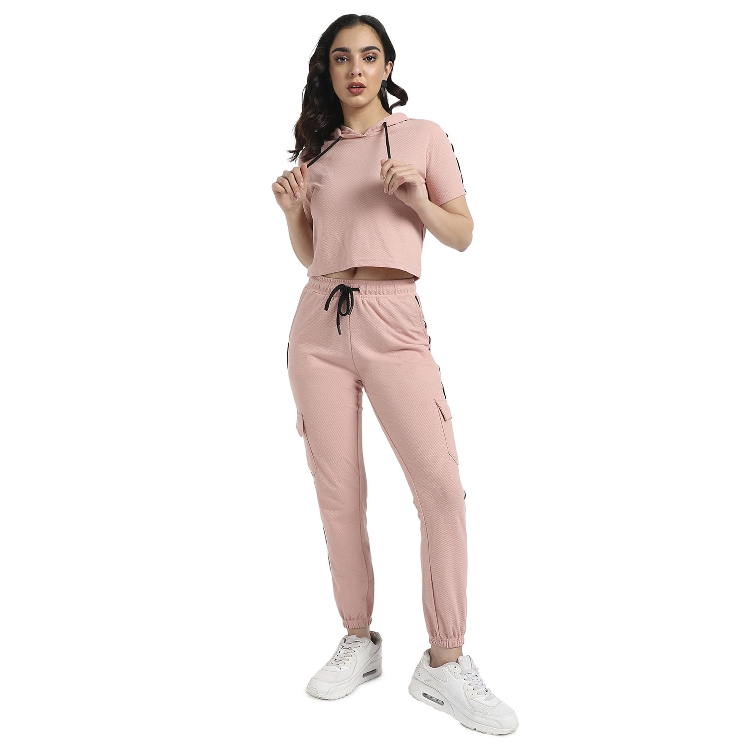 Campus Sutra Womens Peach Hooded Co-Ord Set with Contrast Piping for Casual Wear | Hooded Neck | Short Sleeve | Drawstring Clos
