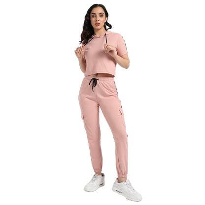 Campus Sutra Womens Peach Hooded Co-Ord Set with Contrast Piping for Casual Wear | Hooded Neck | Short Sleeve | Drawstring Clos