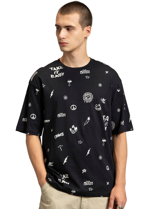Bewakoof Mens All Over Print 100% Cotton T-Shirt - Oversized Fit, Round Neck, Half Sleeves_580031_Black_XL