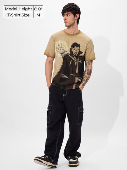 The Souled Store Doctor Strange: Mystic Arts Men and Boys Short Sleeves Round Neck Brown Graphic Printed Regular Fit Cotton T-Sh