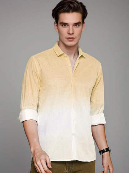Indoprimo MenS Cotton Shirt With Full Sleeves Spread Collar Classic Style Solid Pattern Regular Fit And Standard Length Yellow
