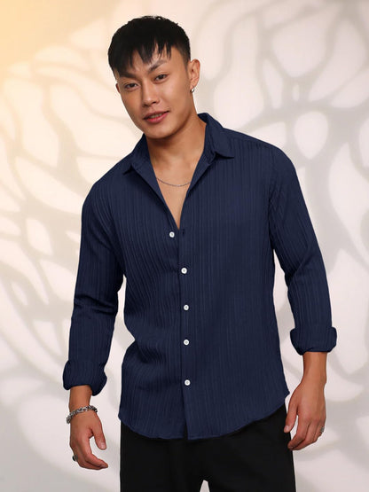 Finivo Fashion MenS Casual Cotton Striped Button Down Shirts Long Sleeve Textured Summer Beach Shirt For Men Navy