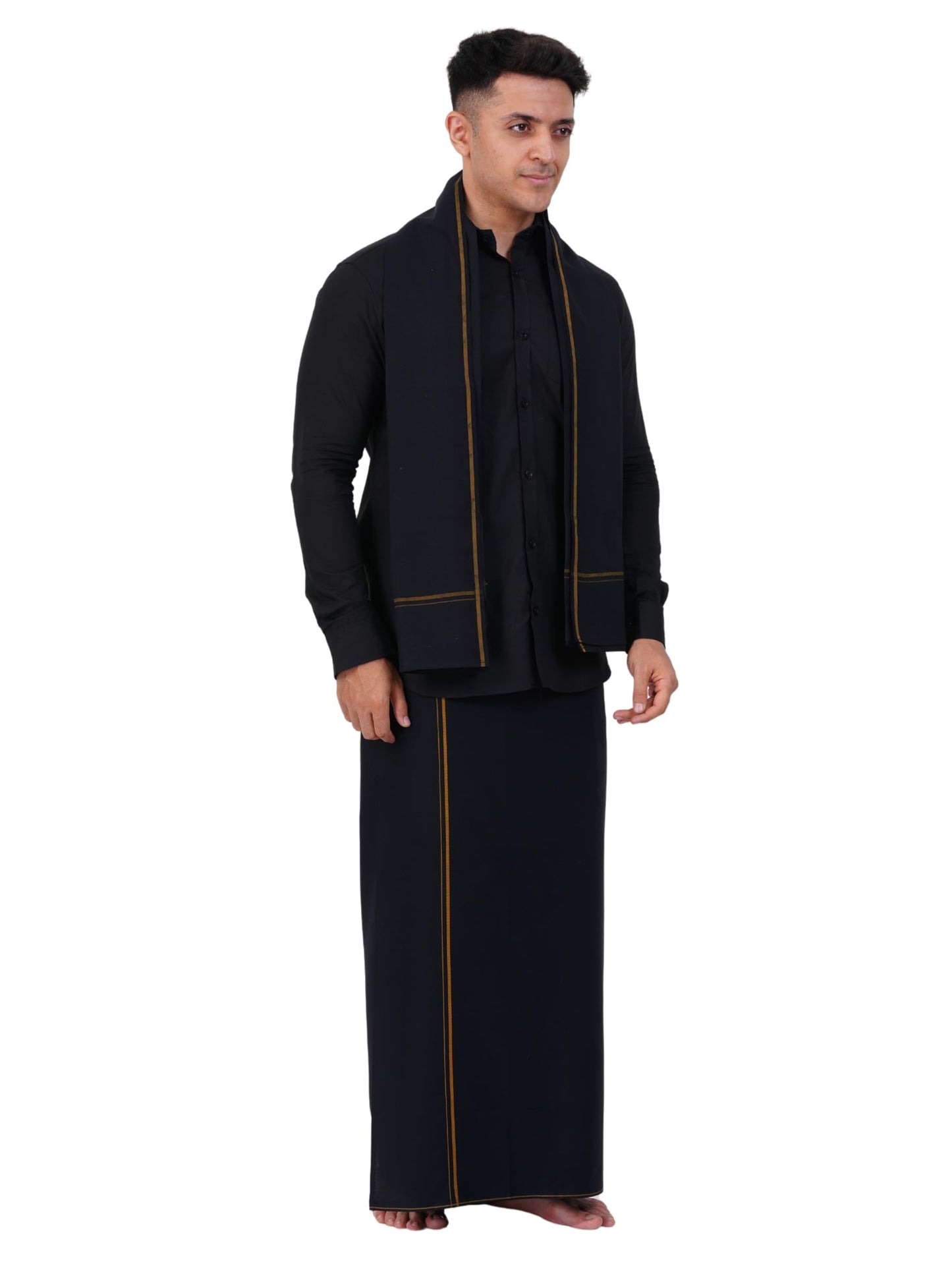 Prakasam Cotton Mens Small Border (Roja) Flexi Adjustable Readymade Pocket Black Dhoti + Readymade Full Sleeve Shirt + Black Sma