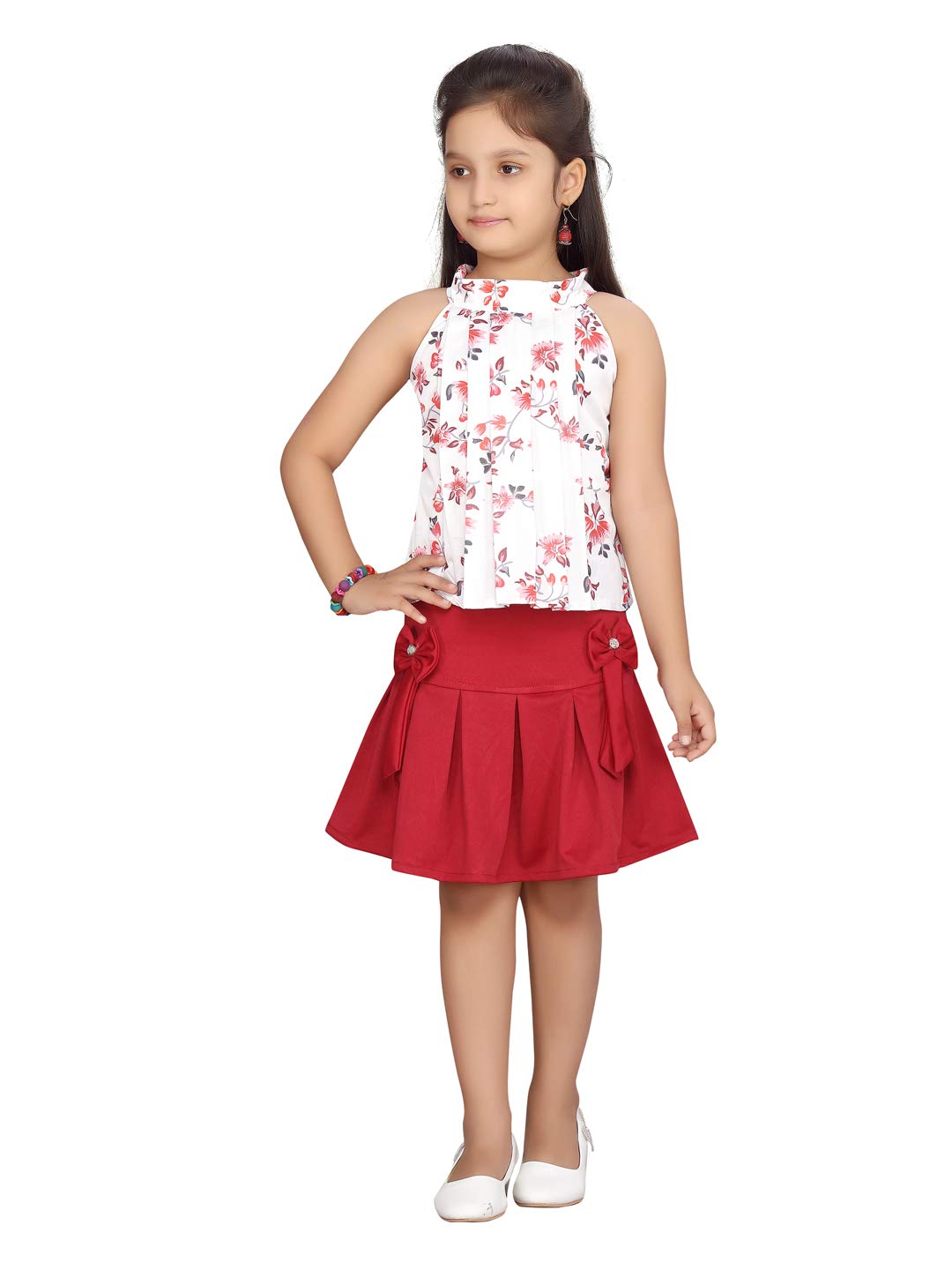 Aarika GirlS Cotton Blend Skirt Top Suit-Dress Set (Dr-1603_White-Maroon_32)