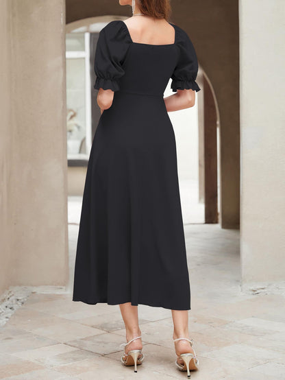 Shasmi GirlS & WomenS Solid Black A-Line Ruched Puff Sleeve Maxi Long Evening One Piece Long Dress For Women Stylish (Dress 13