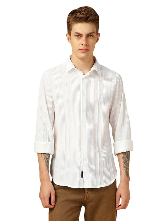 Dennis Lingo Men Relaxed Fit Polyester Full Sleeves Solid Textured Casual Shirts White