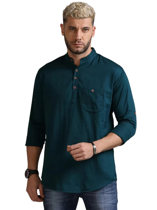 Deemoon MenS Regular Fit Solid Spread Collar Casual Shirt With A Trendy Mandarin Collar Crafted From A Premium Cotton Blend Aqu