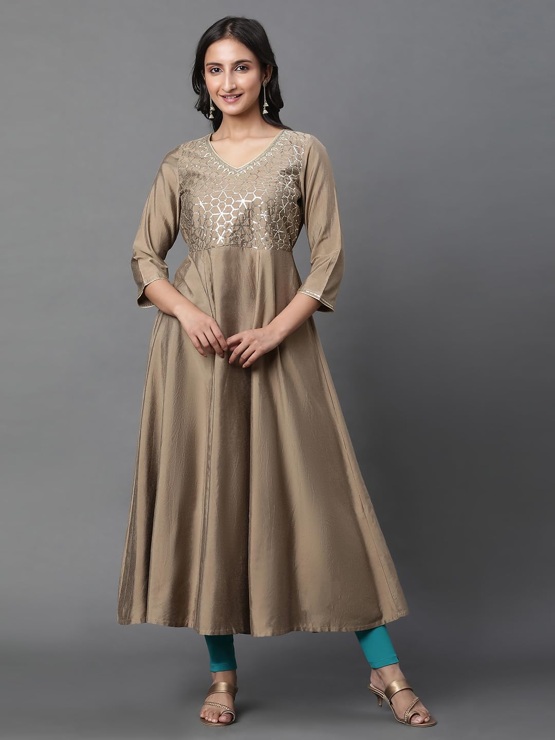Aurelia Women's Mud Gold Solid Solid Viscose Poly Flared Kurta