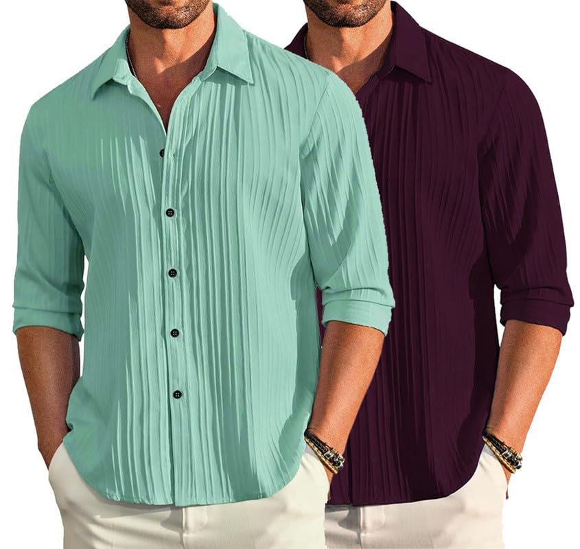 Deelmo Combo Of MenS Casual Button Down Shirts Long Sleeve Linen Shirt Fashion Textured Summer Shirts Pack Of 2