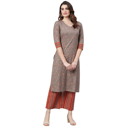 idaLia Cotton Jaal Printed Kurta with Stripes Palazzo Pant - Best Kurta Set, Calf Length, 3/4th Sleeve, V Neck Straight Kurta