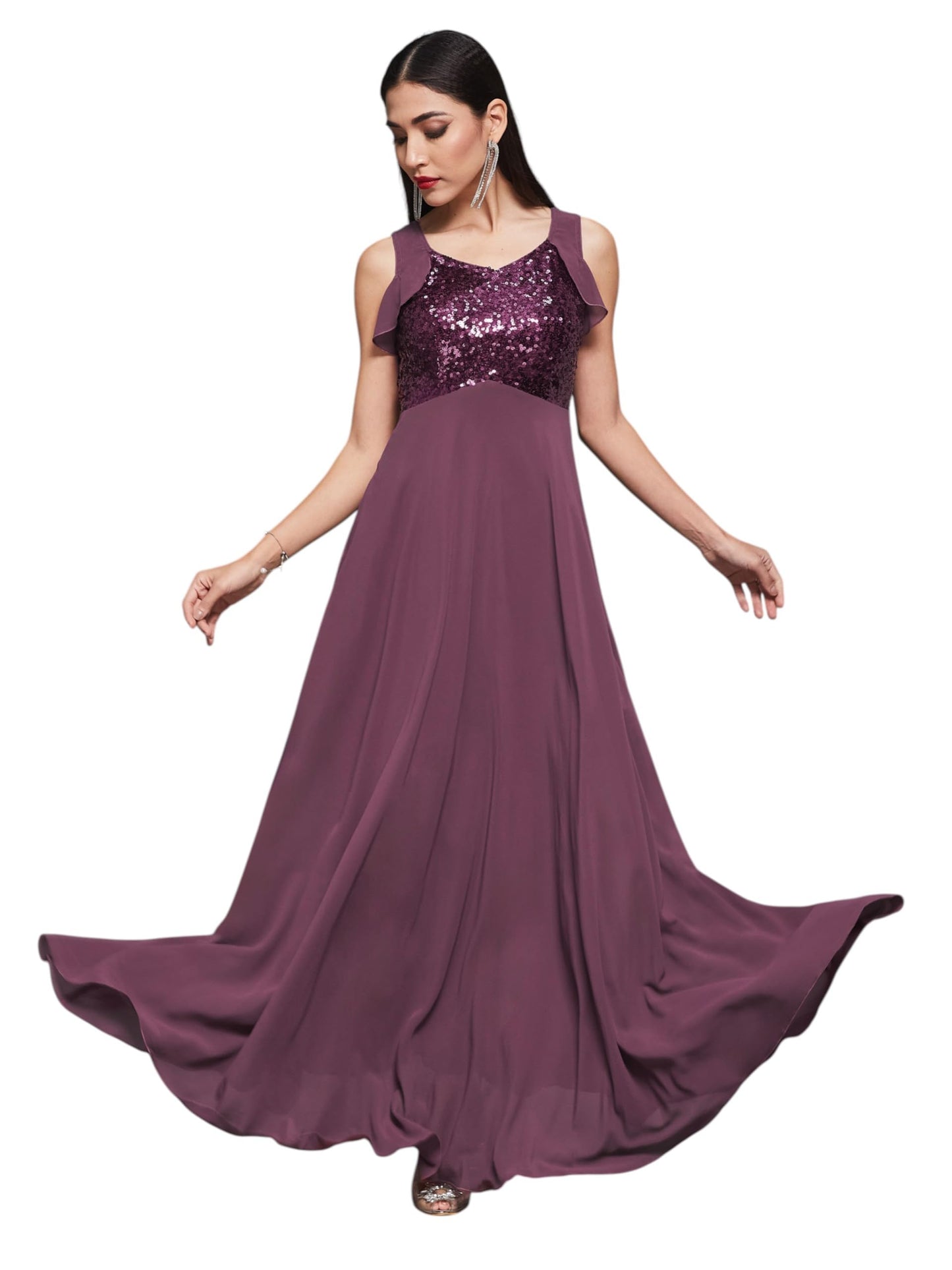 Miss Chase Womens Sweet-Heart Neck Sleeveless Embellished Fit & Flare Maxi Dress (MCAW24D13-92-271-06, Mauve, XL)