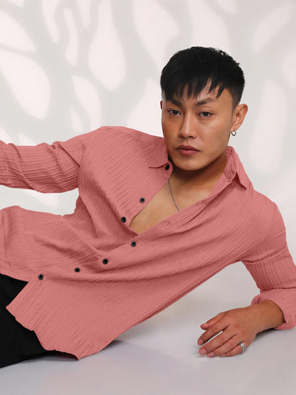 Finivo Fashion MenS Casual Cotton Striped Button Down Shirts Long Sleeve Textured Summer Beach Shirt For Men Peach