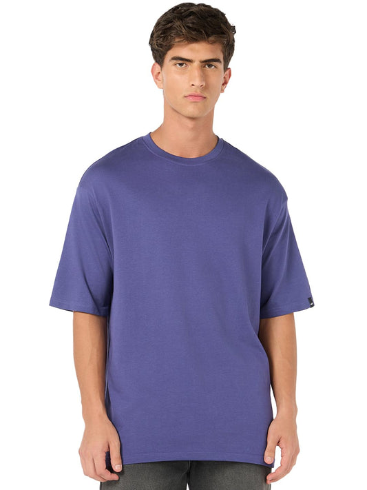 Bewakoof Mens Solid Oversized Fit Half Sleeve Round Neck Pure Cotton T-Shirt_657435_Blue_S