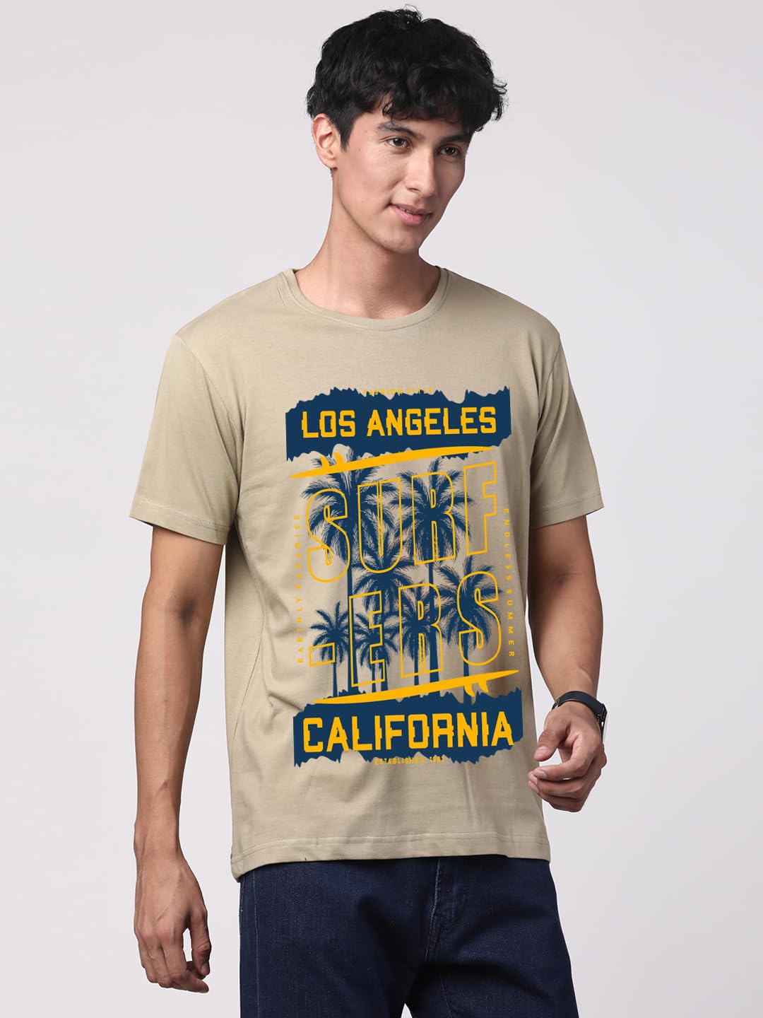 ADRO LA Surfers California Printed T-Shirt for Men - 100% Cotton, Regular Fit, Soft Breathable Fabric. (RN23-M-SRF-BE_Beige)