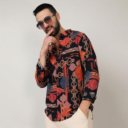 Campus Sutra Mens Crimson Red & Navy Blue Artistic Block Shirt for Casual Wear | Spread Collar | Long Sleeve | Button Closure |