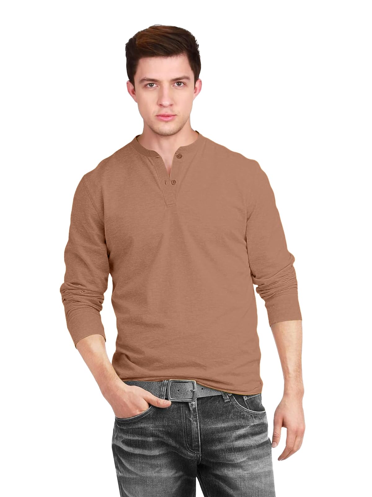 Veirdo Mens Cotton Regular Fit Henley Neck Plain Solid Full Sleeve T-Shirt