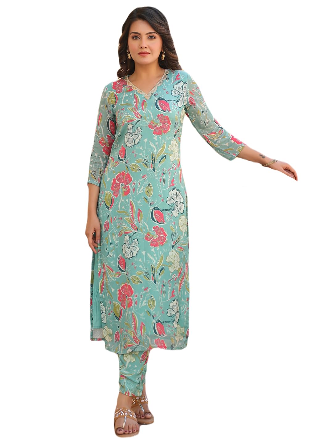 ANNI DESIGNER Womens Rayon Blend Straight Printed Kurta with Pant (Vitudi Green_VKS-02_L_Green_Large)