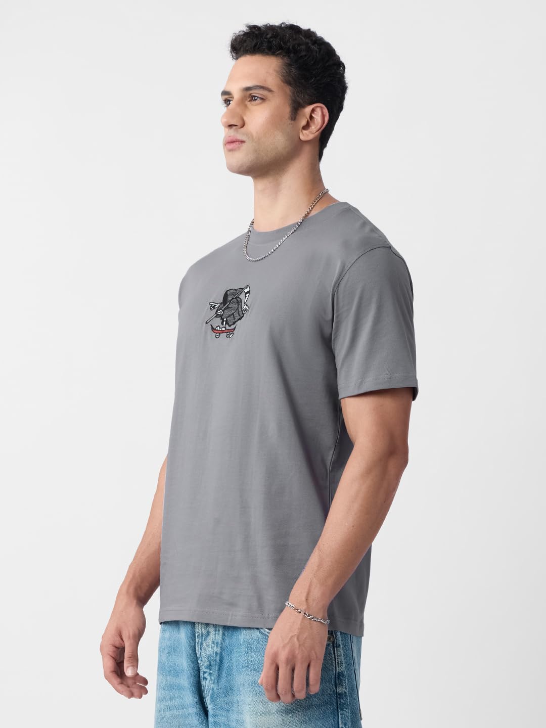 The Souled Store Relaxed T-Shirt: See You in Hell Men and Boys Short Sleeves Round Neck Grey Graphic Embroidered Cotton T-Shirts