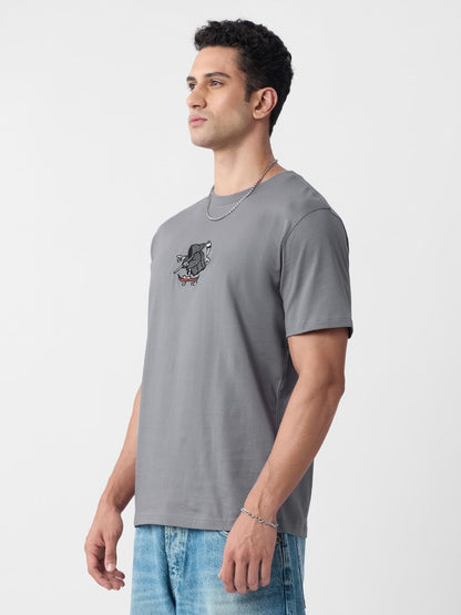 The Souled Store Relaxed T-Shirt: See You in Hell Men and Boys Short Sleeves Round Neck Grey Graphic Embroidered Cotton T-Shirts