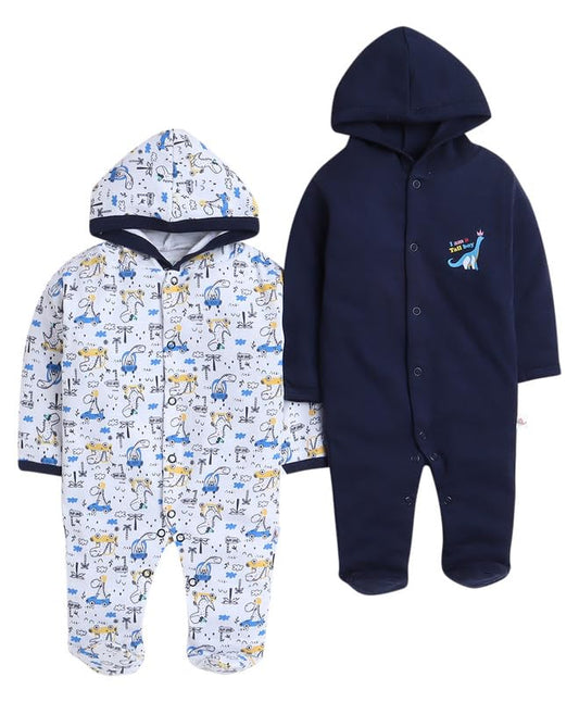 Bumzee Navy & White Baby Boys Full Sleeves Sleepsuit With Hood Pack Of 2 Age - 6-9 Months (Peb8834D-Nbl.Wht)