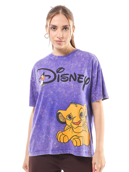 Bewakoof Official Disney Merchandise Simba WomenS Graphic Printed Oversized Fit Half Sleeve Round Neck Cotton Jersey Acid Wash T