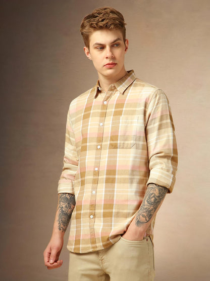 Dennis Lingo Men Regular Fit Cotton Full Sleeves Checks Casual Shirts Brown