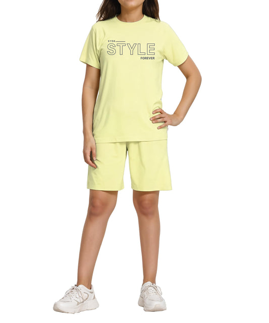Kyda Kids 100% Pure Cotton Premium Chest Printed Tshirt And Short Set For Girls (Pack Of 1) Light Ivory
