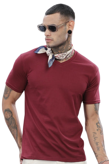 ADRO Men's V Neck Solid Cotton T-Shirt (VN-M-PLN-MR_Maroon)