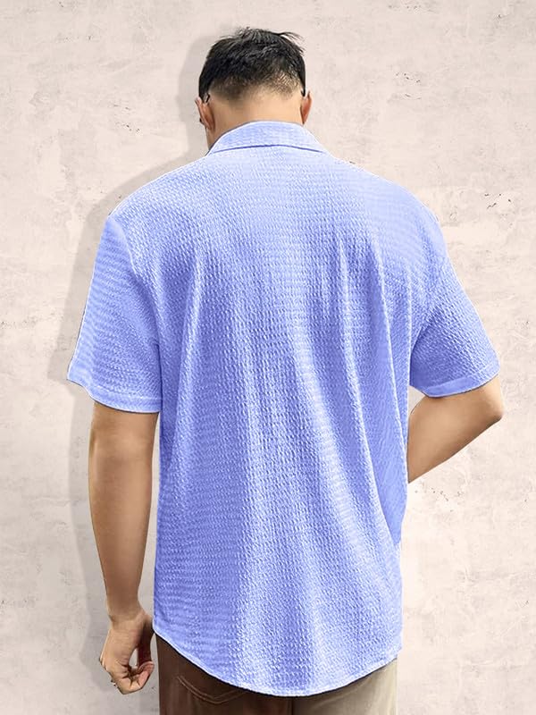 Tee Projekt Mens Popcorn Shirt Texture Pattern Mens Casual Shirt Half Sleeves Goa Beach Summer Shirt Aqua Blue