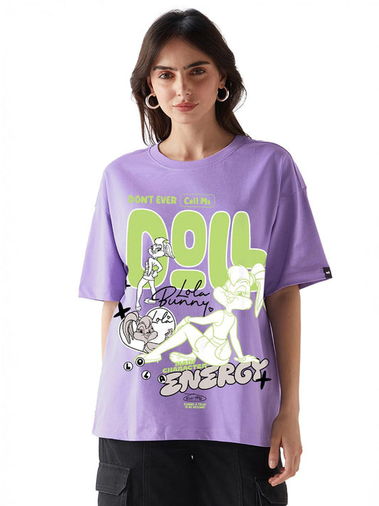 Bewakoof X Looney Tunes Lola Bunny Women Graphic Print Oversized Fit Half Sleeve Round Neck Cotton Jersey T-Shirt_661960_Purple_