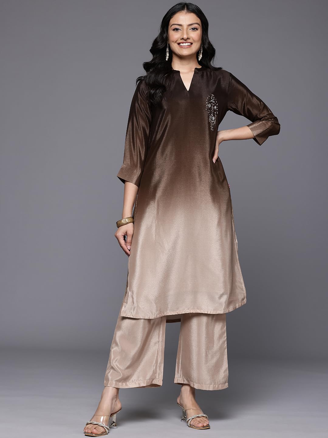 Varanga Women Embroidered Kurta Set With Tonal Bottom  Camel Brown, Sequins & Beads Embellished, Three-Quarter Sleeves, Stylish