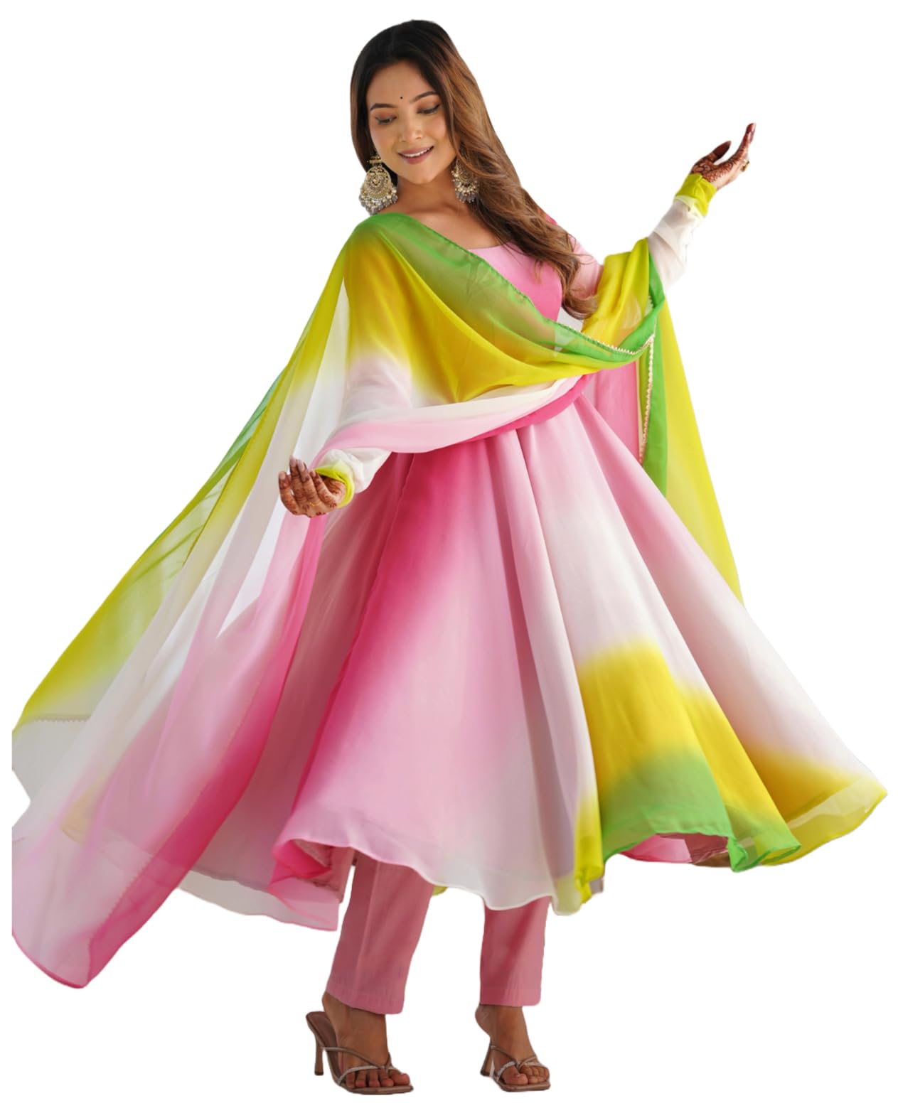 GoSriKi Georgette Anarkali Kurta with Trousers & Dupatta, Size 36, Pink, Model SADE-CLRS-GS