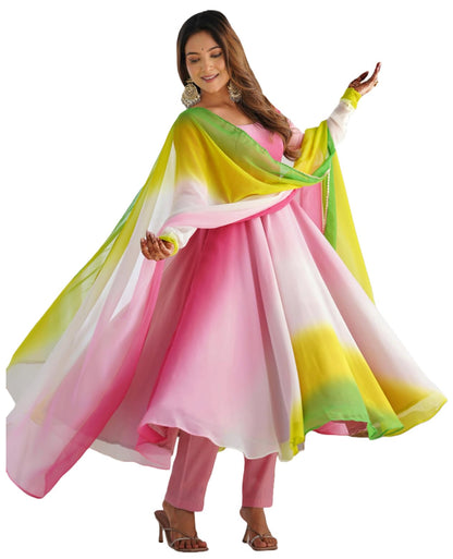 GoSriKi Georgette Anarkali Kurta with Trousers & Dupatta, Size 36, Pink, Model SADE-CLRS-GS