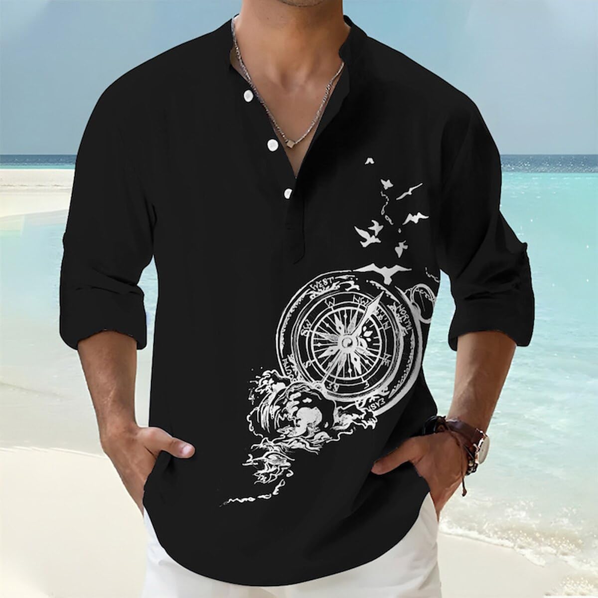 Deemoon MenS Cotton Blend Mandarin Collar Self One Design Full Sleeve Casual Short Kurta Black