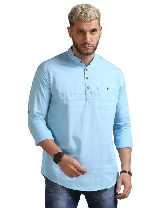 Deemoon MenS Cotton Blend Full Sleeve Short Kurta With Mandarin Collar Crafted From A Premium Cotton Blend Sky Blue