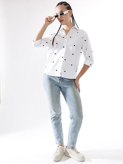 Hubberholme Women Oversized 100% Cotton Embroidered Spread Collar Shirts-1
