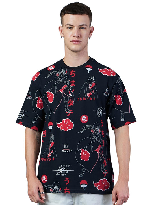 Bewakoof Official Naruto Merchandise Mens All Over Printed Oversized Fit Half Sleeve Round Neck Cotton Jersey T-Shirt 616642 Bl