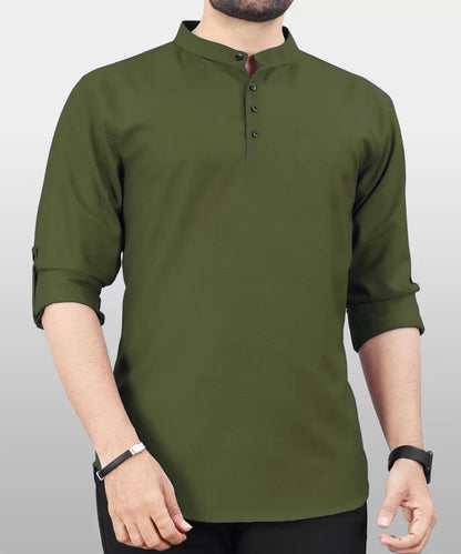 Deemoon MenS Cotton Blend Kurta With Solid Regular Fit Mandarin Collared Neck Full Sleeve And Waist Length | Kurtas For Men | M