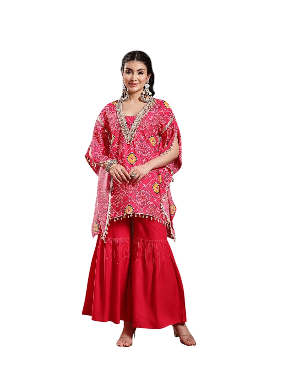 Stylum Womens Pink Bandhej Printed Crepe Kaftan Sharara Set